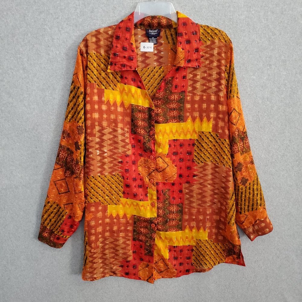 Exclusif by Whispers Women‎ Button Up XL Orange Patchwork Long Sleeve Vintage